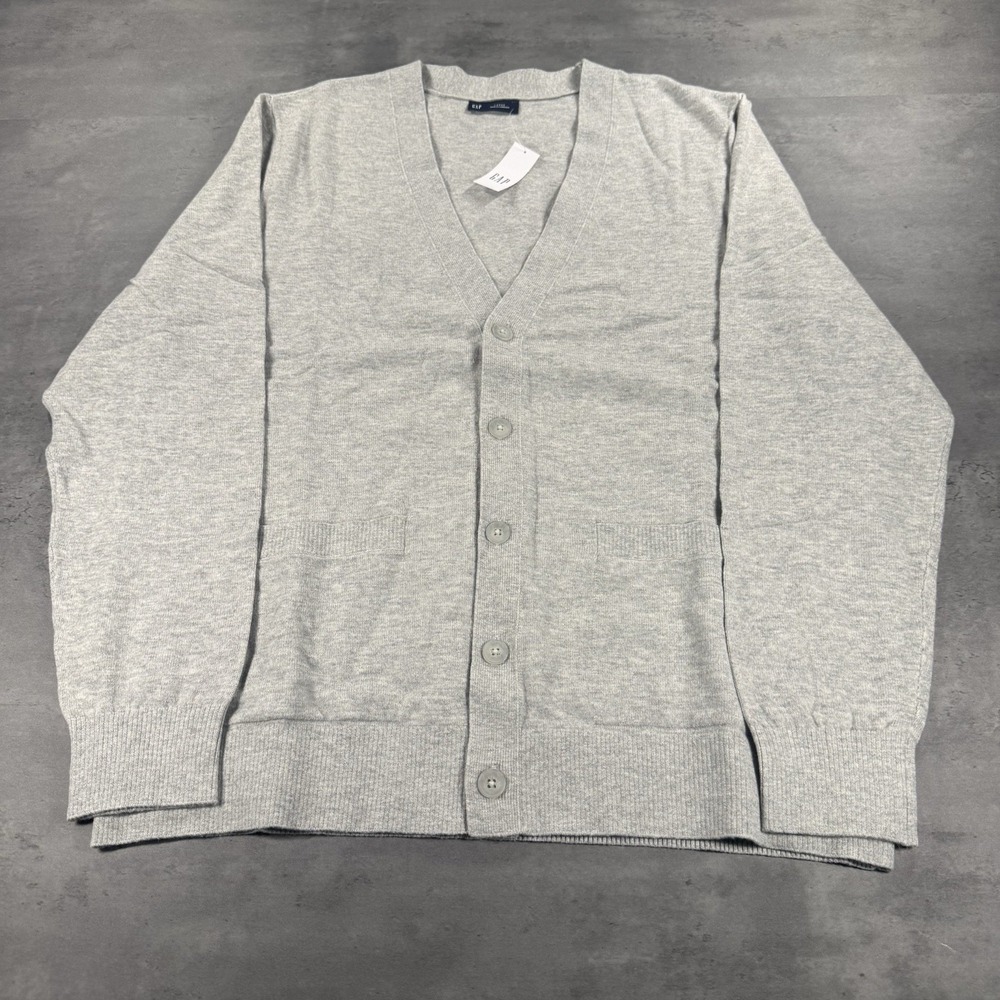 GAP Cardigan Sweater Mens Large Gray Classic Button Up CashSoft Cotton Blend
